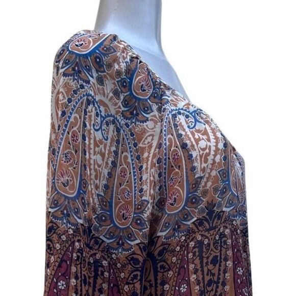 Sara Michelle Peasant Blouse Women's Petite L Neutral Paisley Keyhole 3/4 Sleeve - Picture 5 of 14